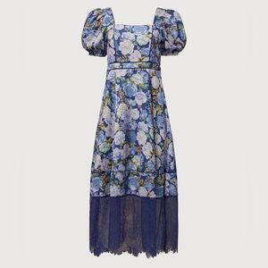 Rachel Parcel Puff Sleeve Lace‎ Trim Midi Dress Navy Blue Light Floral Multi Z 2